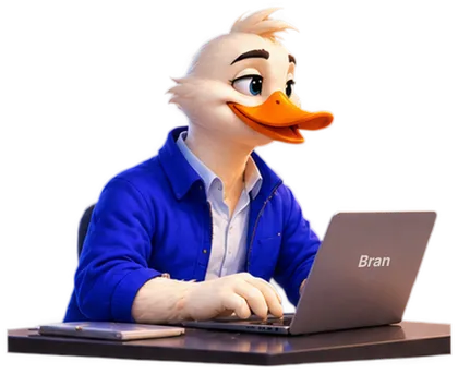 Bran the duck working on a laptop with his name on the lid