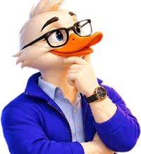 Bran the duck in glasses, thinking about the question