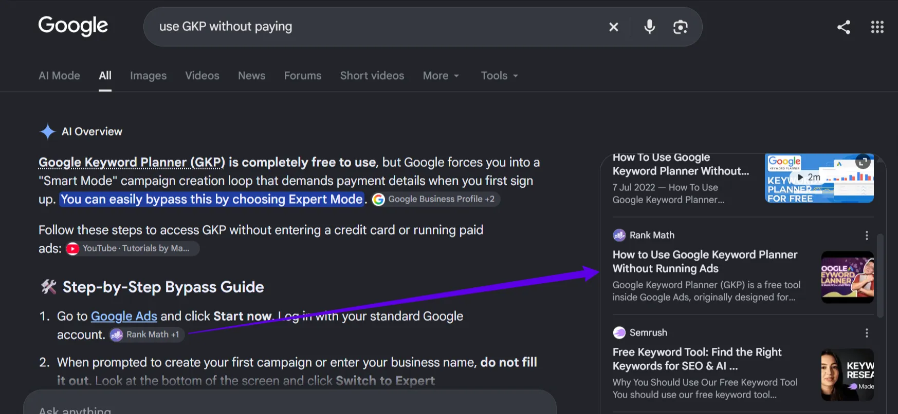 Google AI Overview citing the Rank Math guide to using Google Keyword Planner without running ads