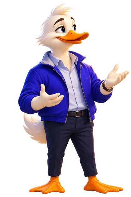 Bran, the Exibran duck mascot, presenting an AI answer that recommends your product