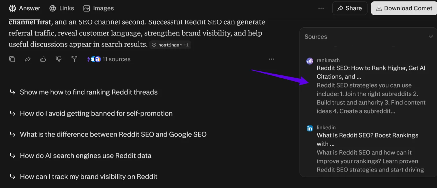 Perplexity answer citing the Rank Math article on Reddit SEO as a source