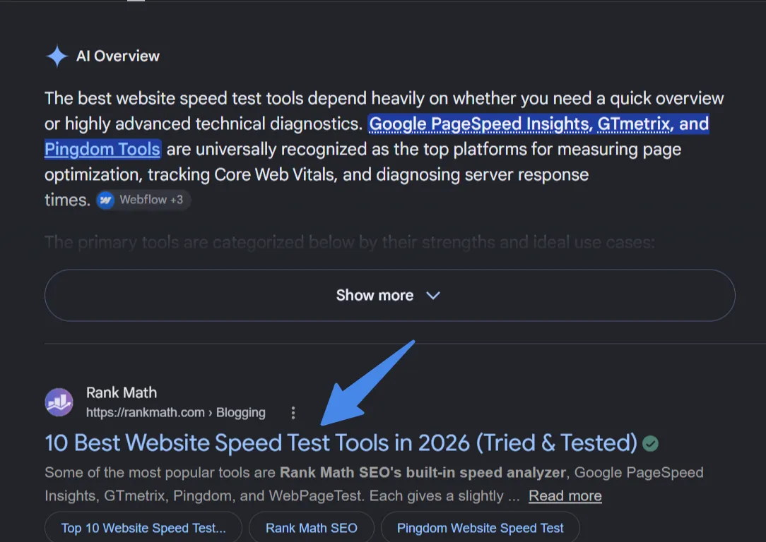 Google results showing the Rank Math article 10 Best Website Speed Test Tools ranked first